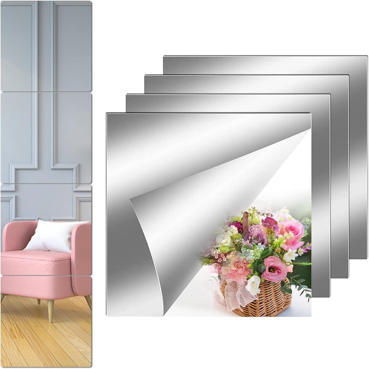 Set van 4 Dikke Acryl Spiegels, Flexibele Zelfklevende Wandspiegels voor Badkamer, Slaapkamer en Kledingkast (2mm)