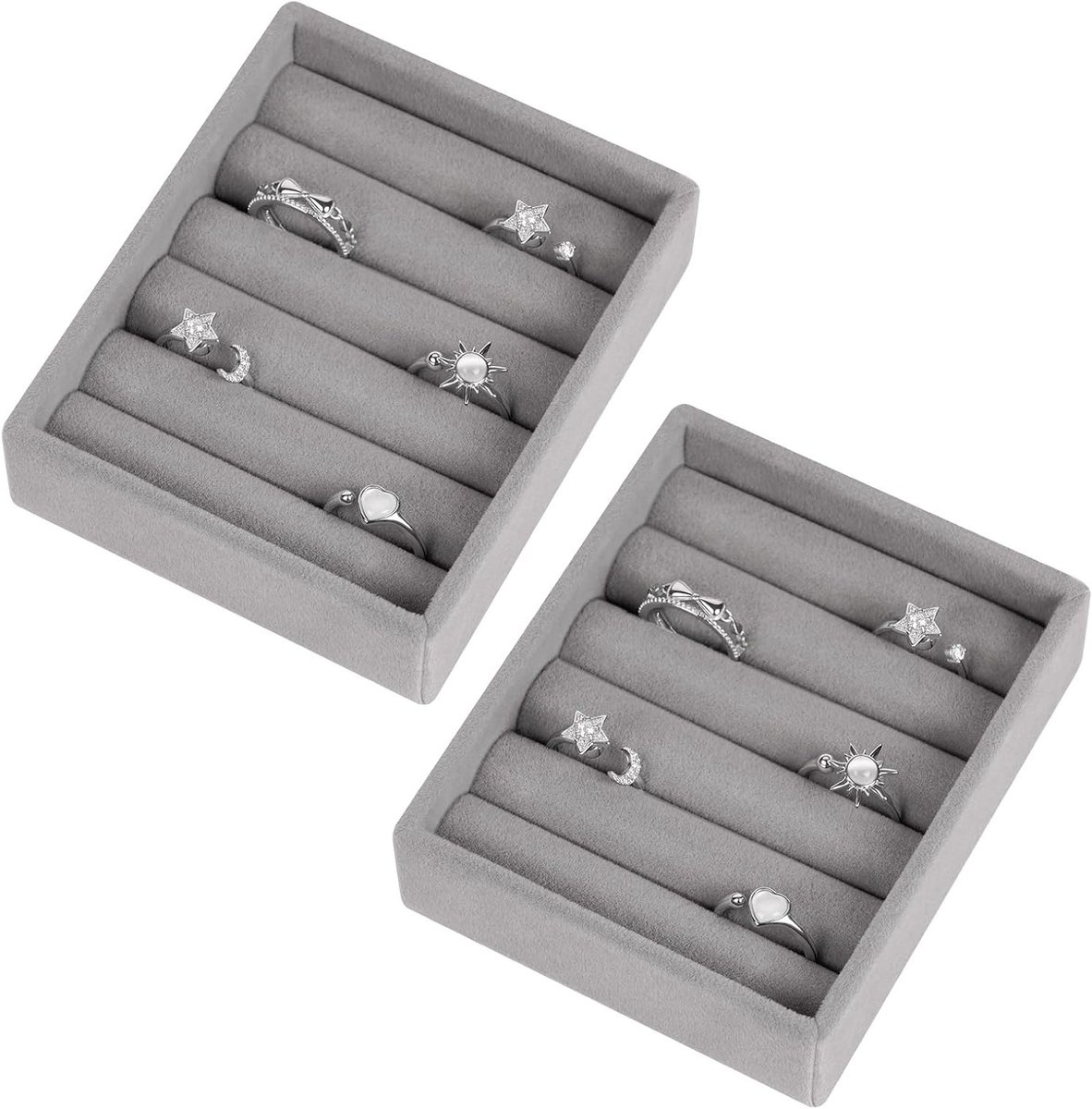 Fluwelen sieradendienbladen voor sieradenopslag, lade-organizer, 2 stuks, 10,5 x 8,7 x 2,8 cm, ideaal voor ringen en oorbellen, grijs en stijlvol