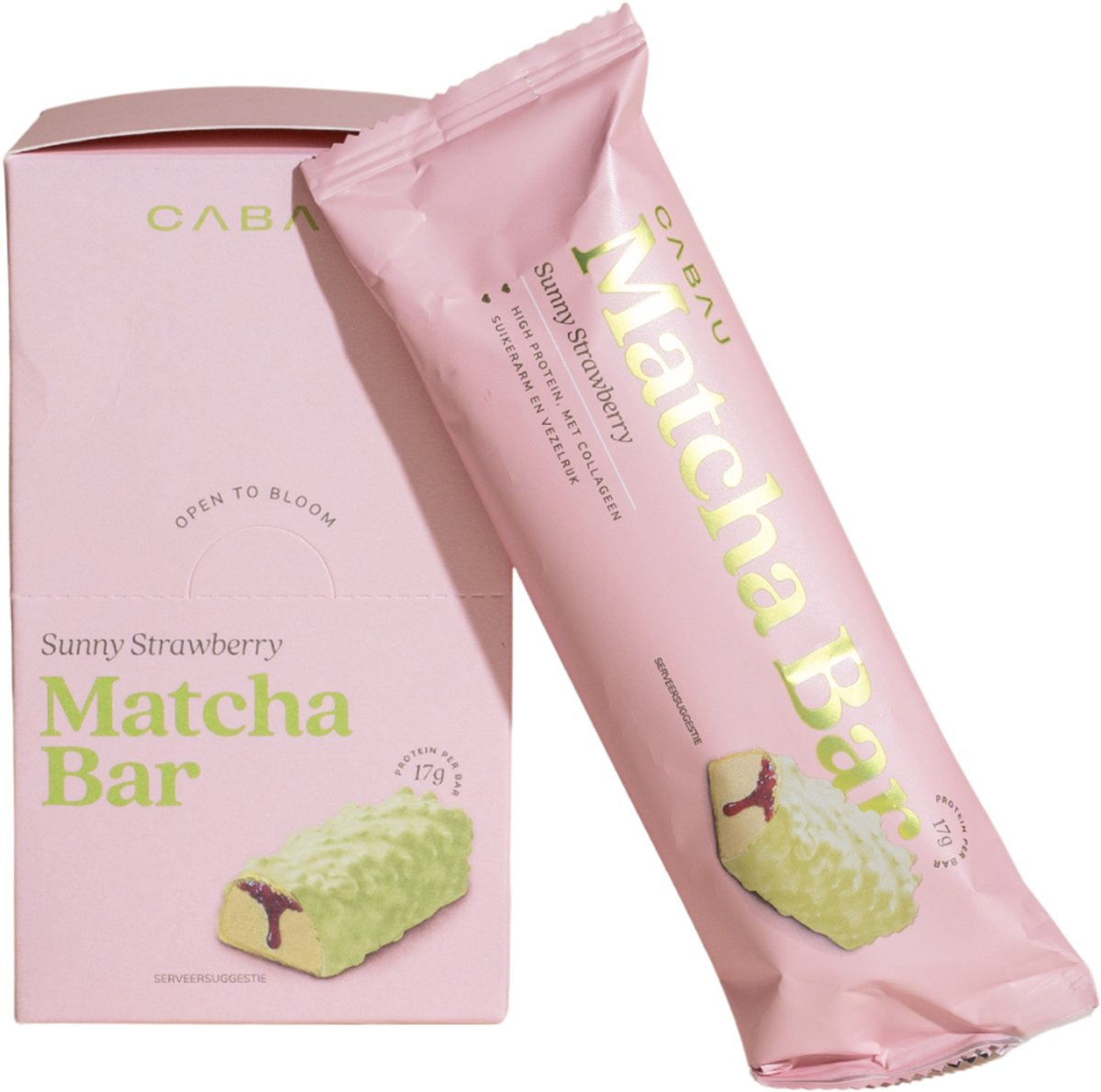 Cabau - Matcha Protein Bars - Eiwitreep - Sunny Strawberry - 7 Stuks - 17g Proteïne per Reep - Collageen, Vezelrijk & Suikerarm