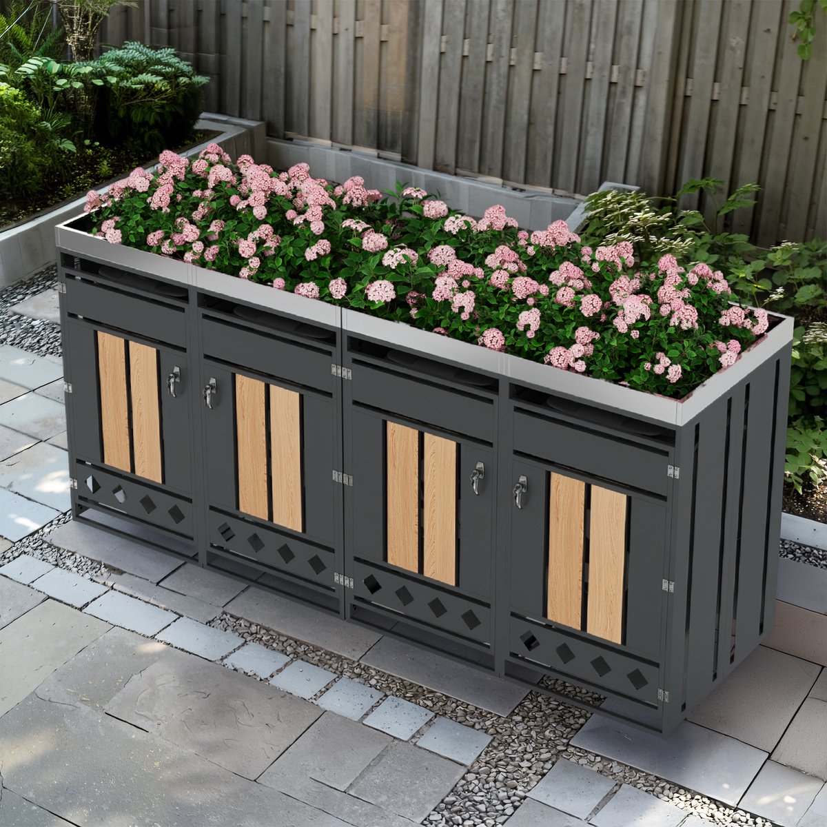 FloraGrace Containerberging – Afsluitbaar 132 x 80 x 124,5 cm – Metaal In Houtlook En Grijs – Voor 4 Afvalbakken Met Plantenbak En Ventilatie