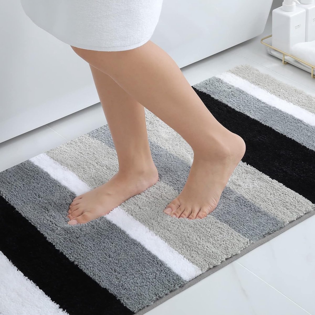 SnelShoppen - Non-Slip Badmat, Zacht Hoogpolig, Absorberend Wasbaar Fluffy Microfiber Badmat - 60 x 90 cm, Zwart/Grijs voor Badkamer