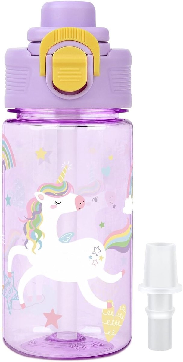 SnelShoppen - Drinkfles voor Kinderen 380 ml met Rietje, Lekvrij, Veiligheidssluiting, BPA-vrij, Paarse Eenhoorn, Ideaal voor Sport en Wandelen