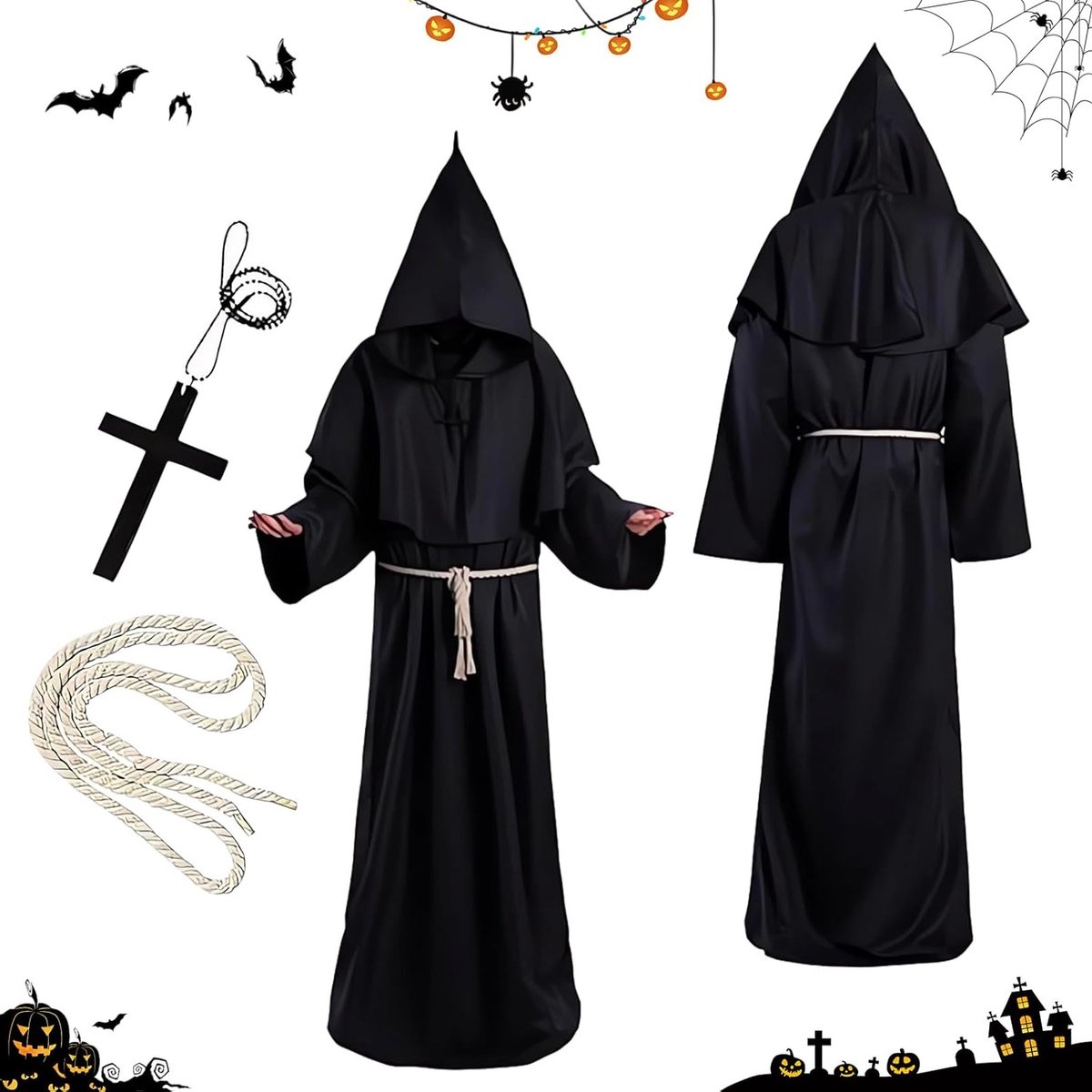 Priester Kostuum voor Mannen - Middeleeuwse Monnik Outfit met Kap, Kruis en Touw voor Halloween en Carnaval Cosplay