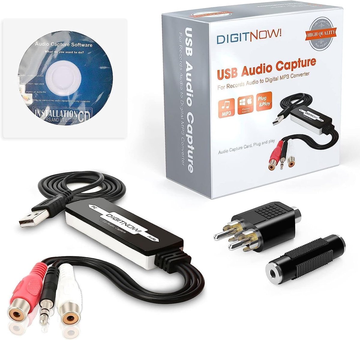 Thijox - USB 2.0 Audio-opnamekaart voor Vinylplaten, Cassettebanden naar Digitale MP3 Converter, Stereo RCA/3,5 mm Interface, Geschikt voor Mac & Wind