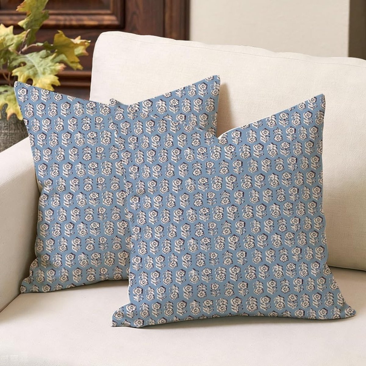 Boho Blokprint Kussenhoezen Set van 2 - 50 x 50 cm - Moderne Decoratie voor Woonkamer en Tuin - Katoen en Linnen Kussens voor Binnen en Buiten