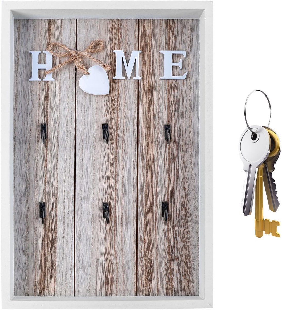 SnelShoppen - Houten Sleutelhanger met 6 Haakjes, 30 x 20 cm, Muurbevestiging zonder Boren, Sleutelhouder voor Organisatie en Thuisdecoratie