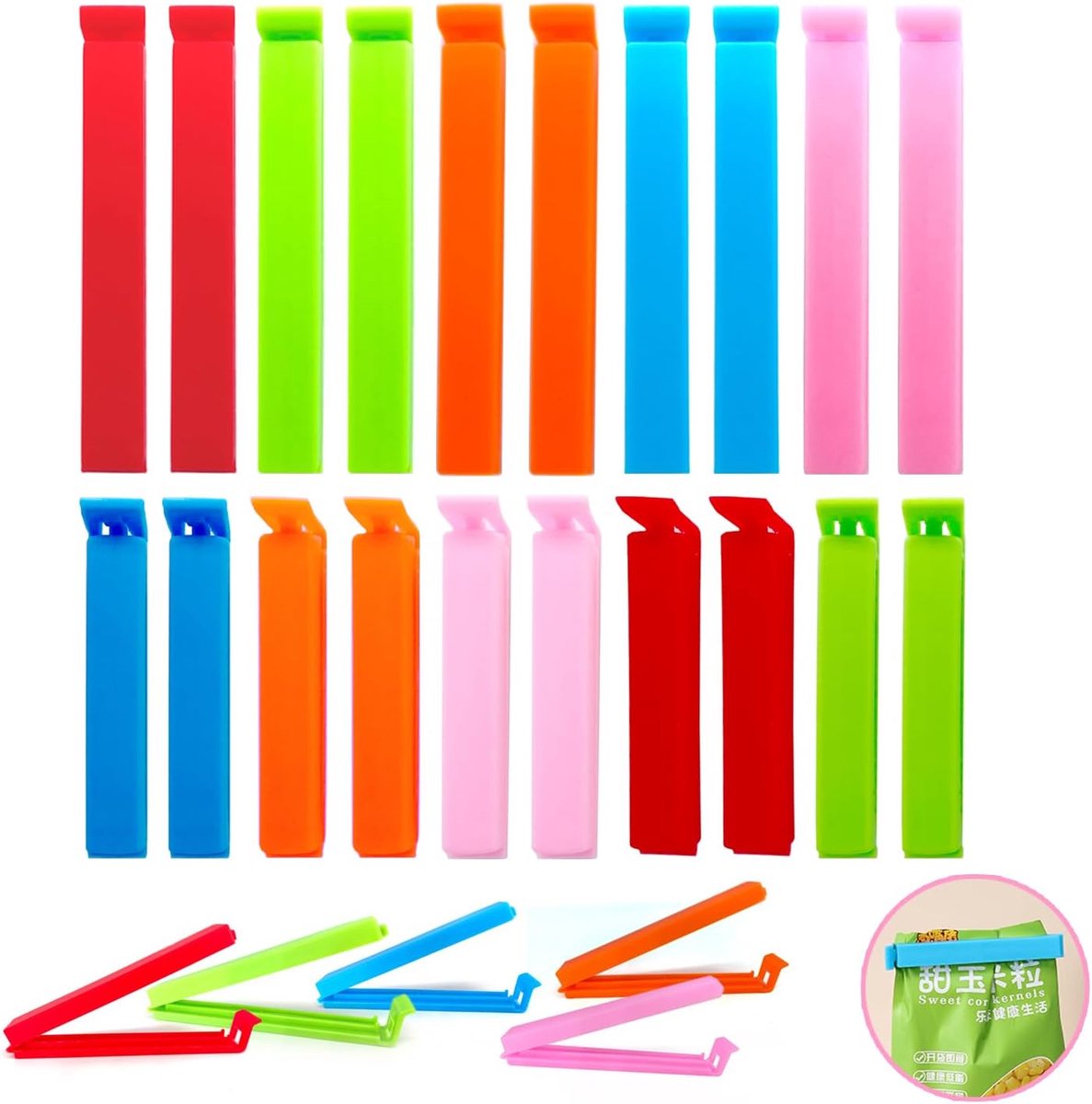 SnelShoppen - Sluitclips 20 stuks, kleurrijke zakjes clips, vershoudclips, 9/11 cm, hoogwaardig PP-kunststof voor keuken, feest, camping, tuin en meer