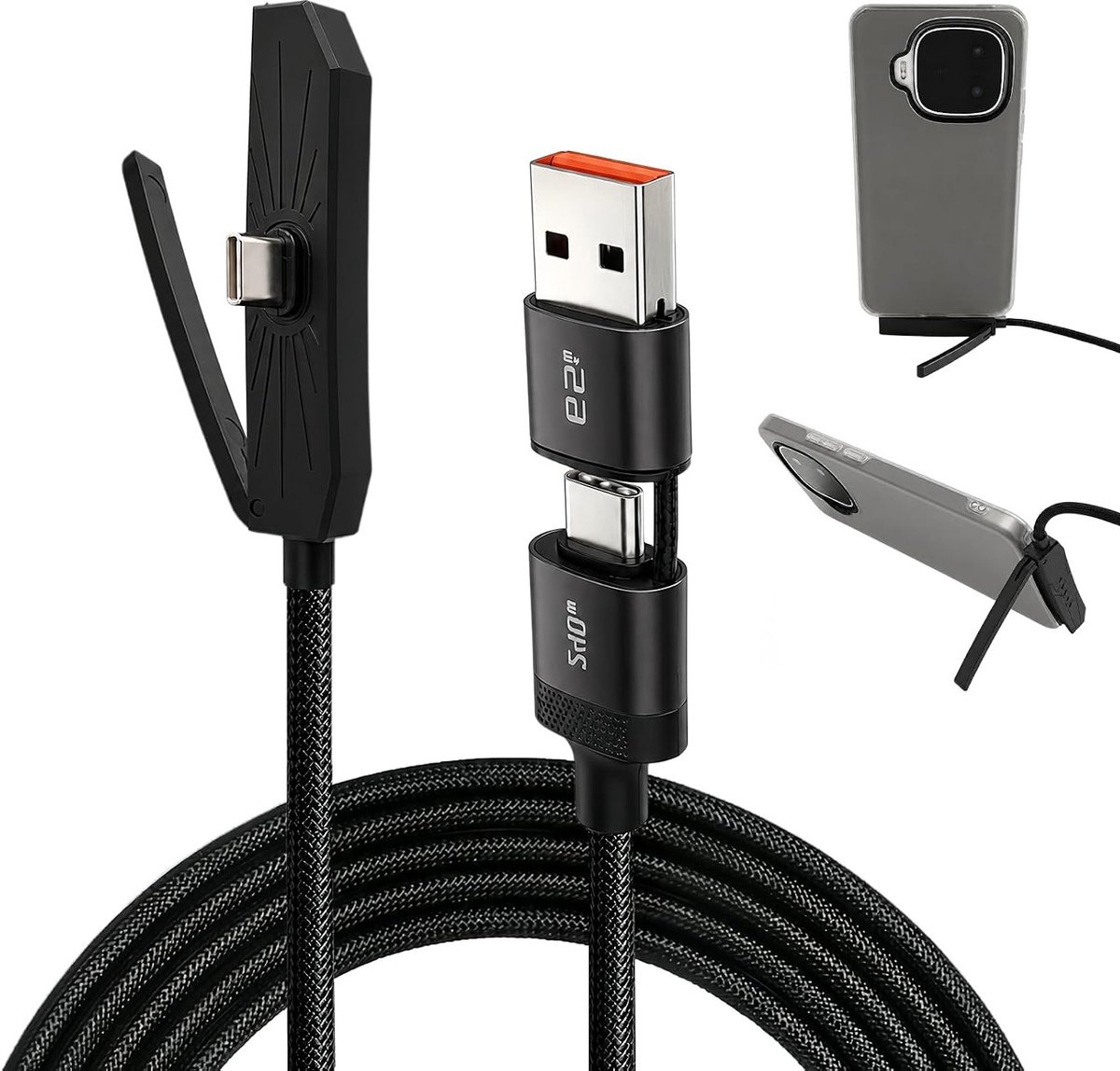 Oplaadkabel 240 W/65 W met onzichtbare zijhouder, USB C, 2-in-1 snellaadkabel voor smartphones en tablets, 1,8 m zwart, snelladen en gebruiksvriendelijk
