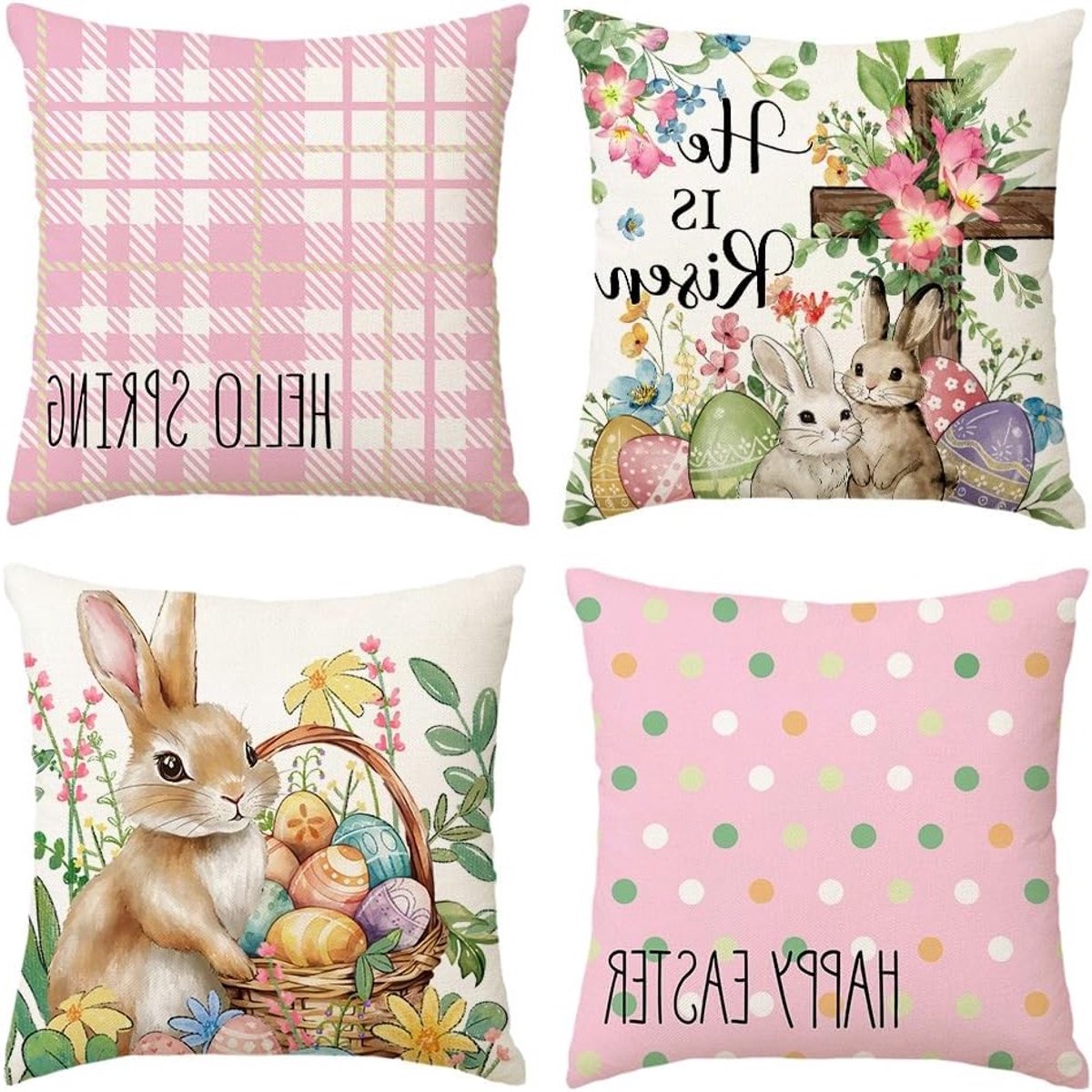Easter Kussenhoezen Set van 4, 45 x 45 cm, Modern Paasdecoratie met Konijn, Eieren en Bloemenpatroon, Ideaal voor Binnen en Buiten