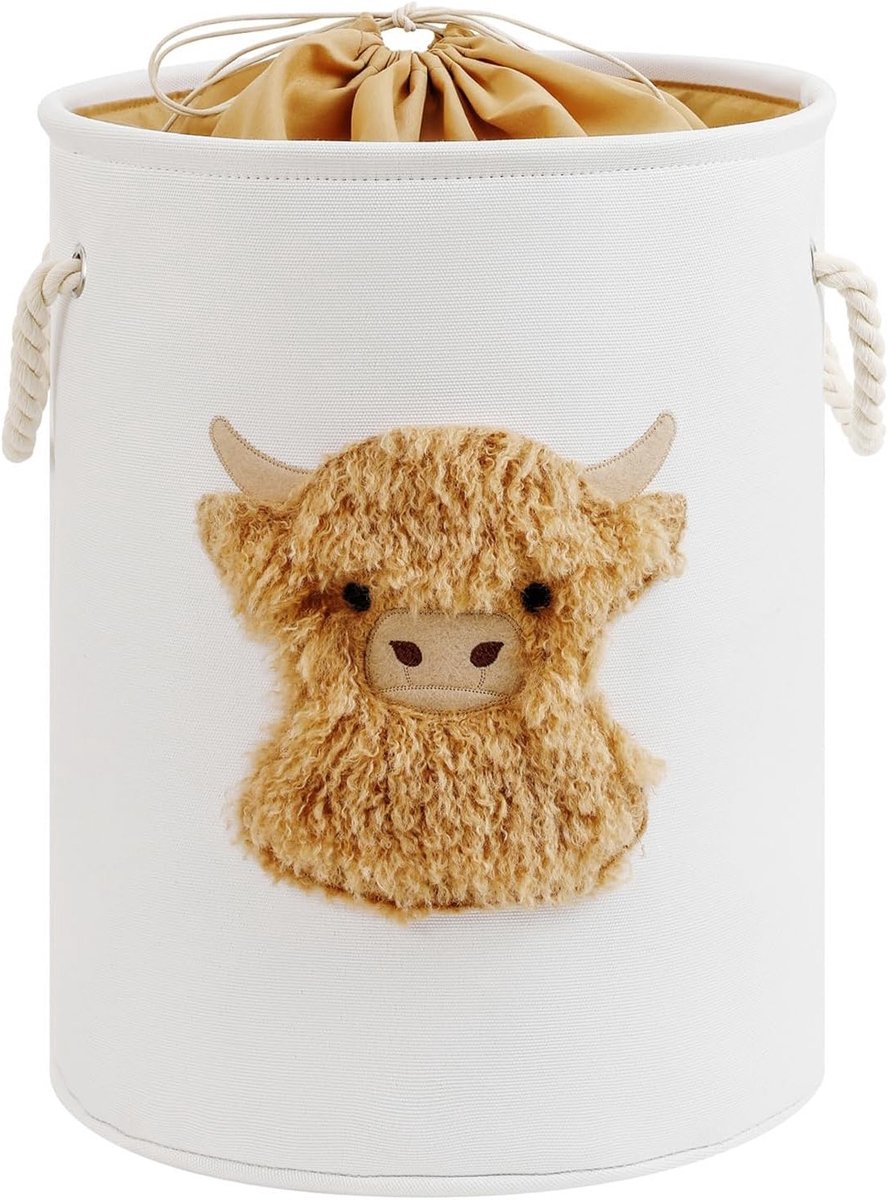 Wasmand voor baby's met schattige Hoogland Koe print, ideaal voor kinderkamer en speelgoedopslag