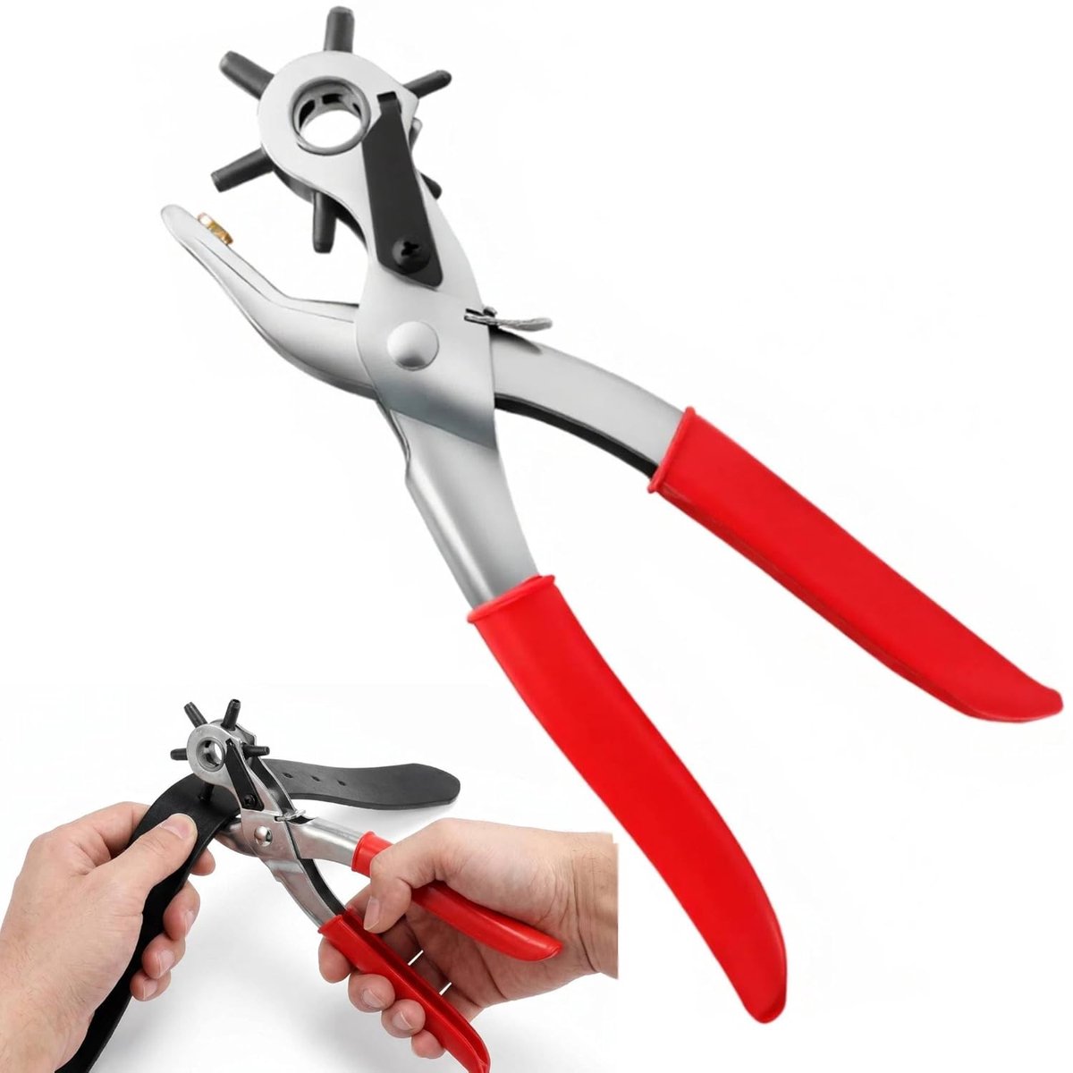 SnelShoppen - Professionele Leerpons Tang met 6 Maten 2.5-5 mm - Rondgaatjes Ponsen voor Lederen Riemen, Armbanden, Kaarten, Leer, Papier en Plastic