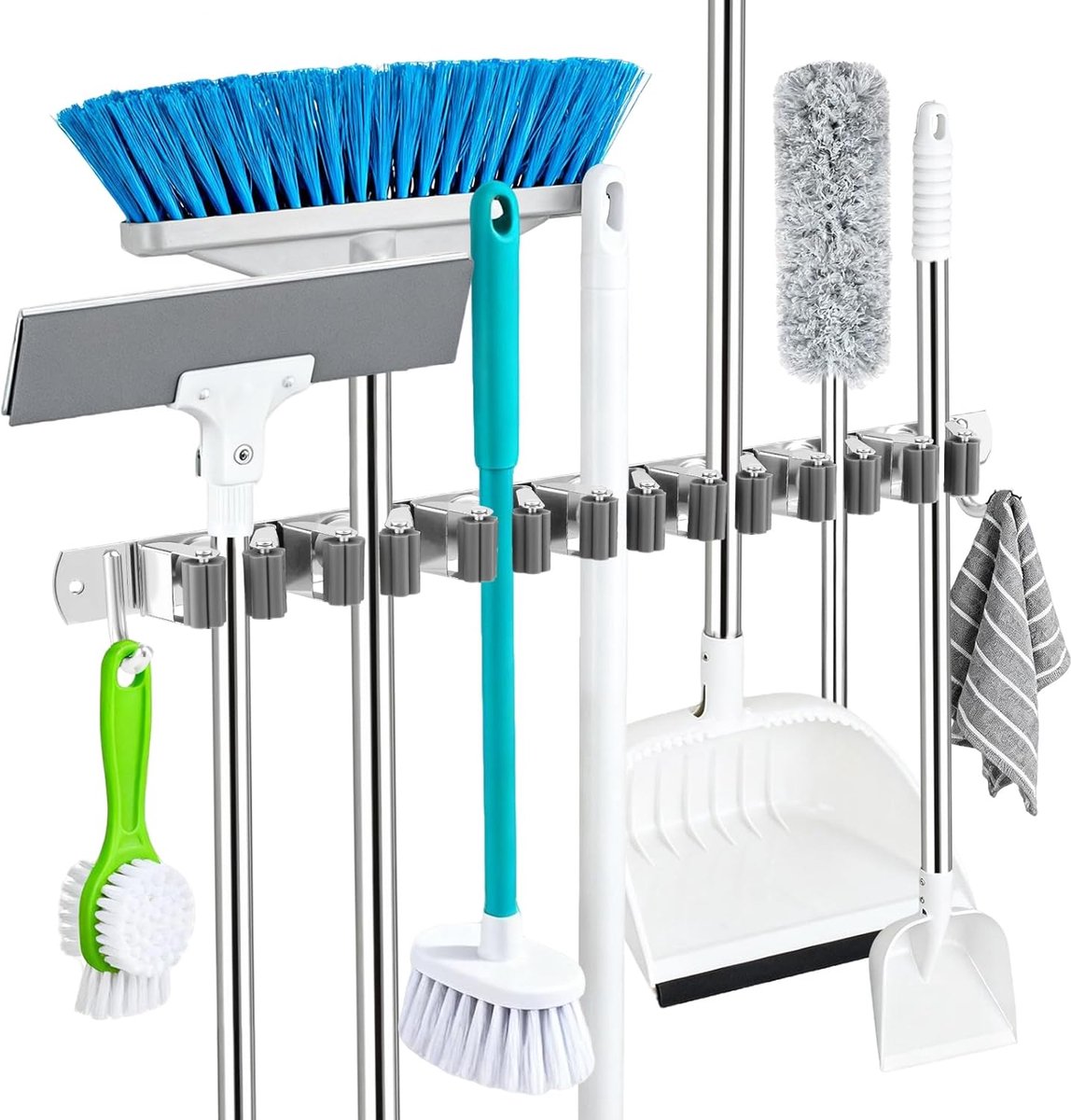 SnelShoppen - Broom Holder for Wall, 7 Houder + 2 Haken, Tuin Gereedschap Houder, Wandmontage, 304 RVS, Zelfklevend, Voor Keuken, Badkamer, Garage, Tu