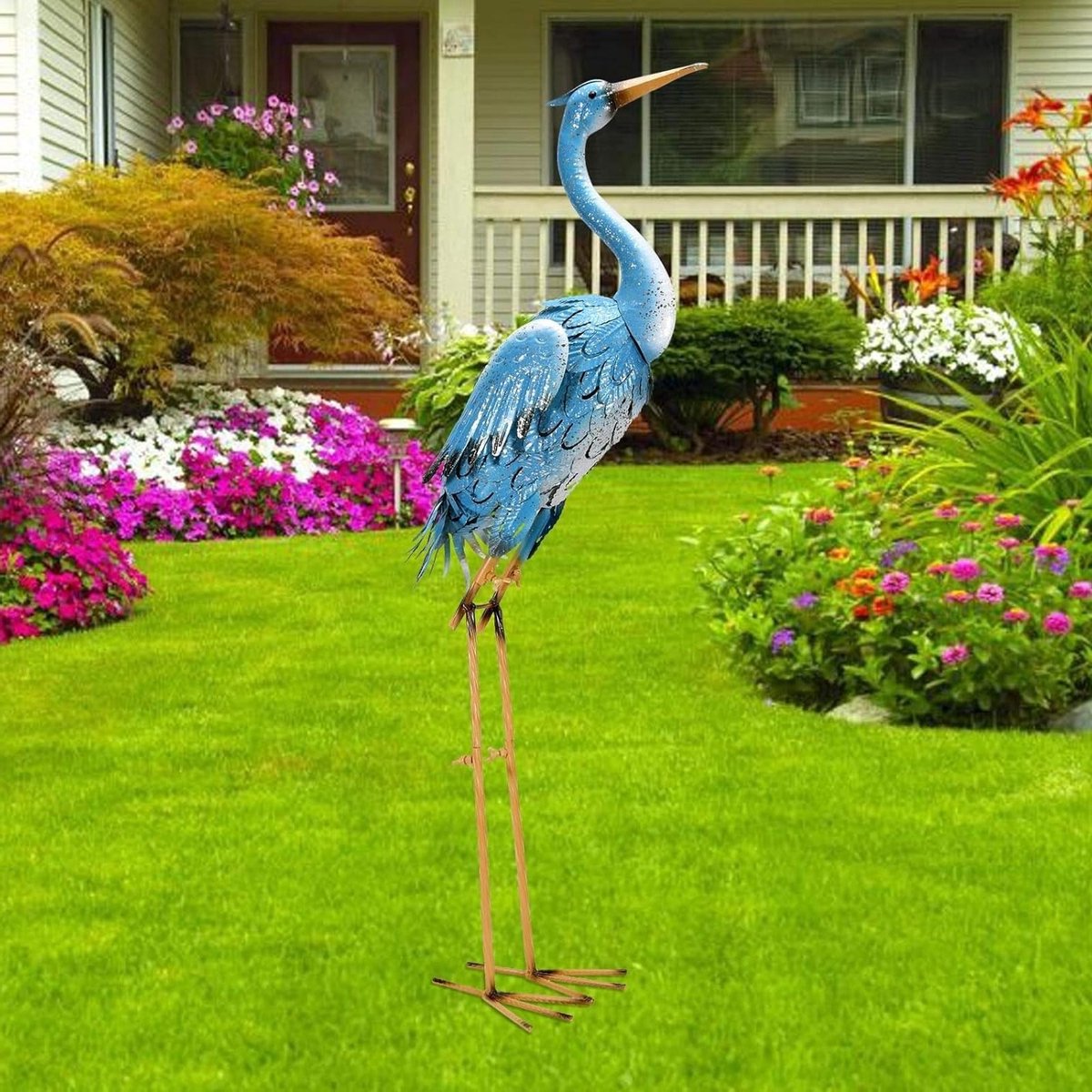Metaal Vogel Crane Heron Beeld voor Tuin Decoratie: Blauwe Staande Vogel Beeldjes voor Woonkamer, Tuin en Balkon, Perfect als Cadeau voor Vrouwen en Mannen
