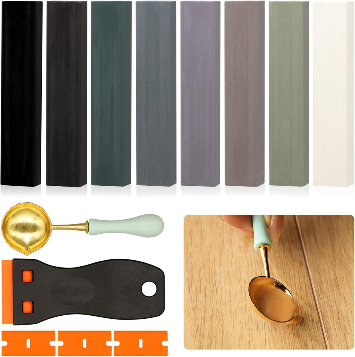 SnelShoppen - Hardwax Repair Kit 8 Grijstinten voor Laminaat, Parket, Vinyl en Hout - Ideaal voor Gaten, Krassen en Scheuren - Complete Set met Wax Pe