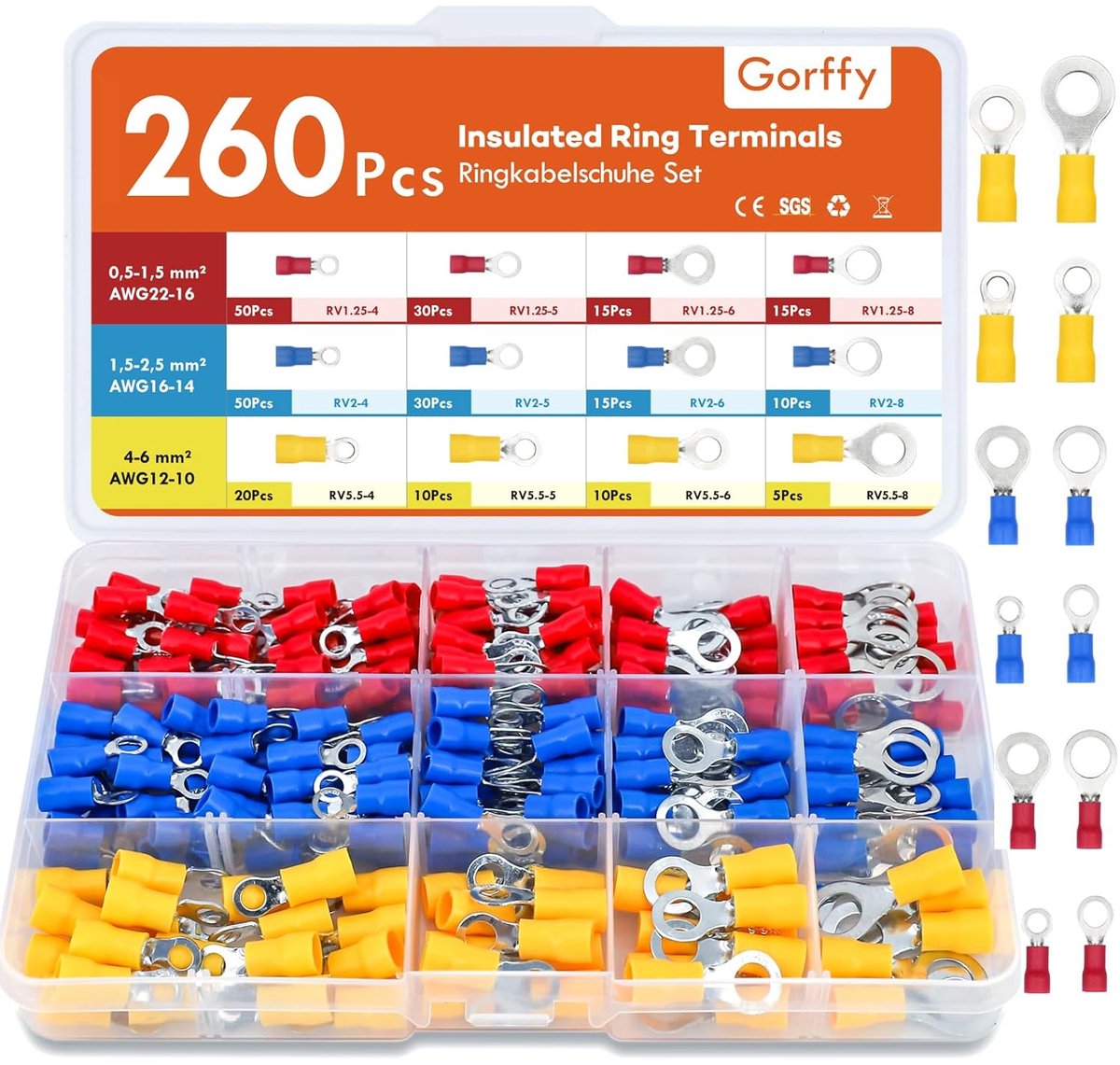 SnelShoppen - Ring Cable Lugs Set 260 Stuks - M4/M5/M6/M8 Ring Oogjes - 0.5-6mm² Kabel Lugs Assortiment voor Elektrische Verbindingen