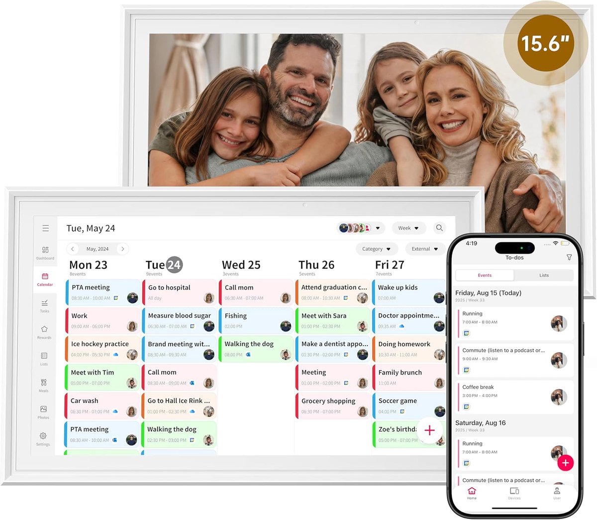 SnelShoppen - Smart Digital Calendar 15.6 Inch Touchscreen - Familie Planner met 32GB Geheugen - Sync met Google Calendar, iCloud & Outlook - Geen Abo