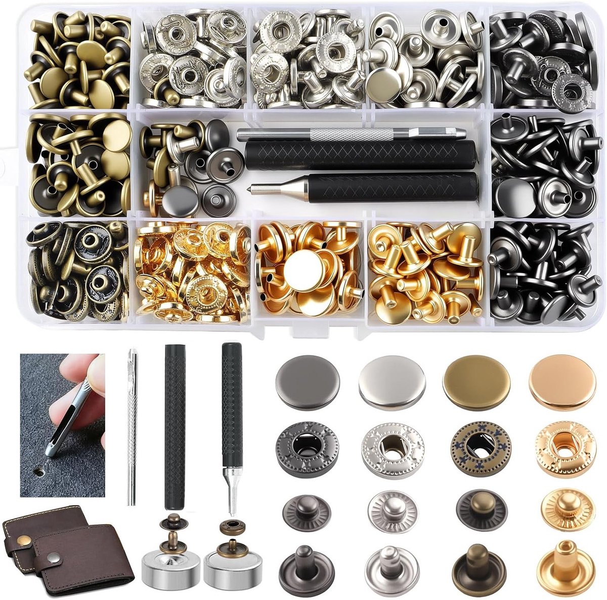 120 Sets Drukknoppen voor Leren Projecten - 12.5mm Metaal Snap Knoppen Kit met Gereedschap voor Kleding, Handtassen en Ambachtelijk Naaiwerk
