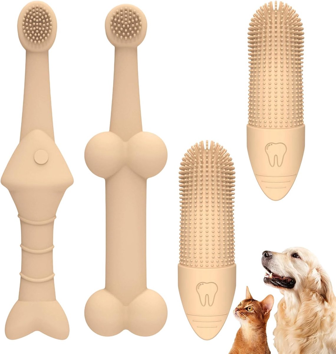 SnelShoppen - Hond en Kat Tandenborstel Set, 4 Stuks Silicone Tandenborstels + Vinger Tandenborstel voor Dieren, Zacht en Effectief voor Mondhygiëne,