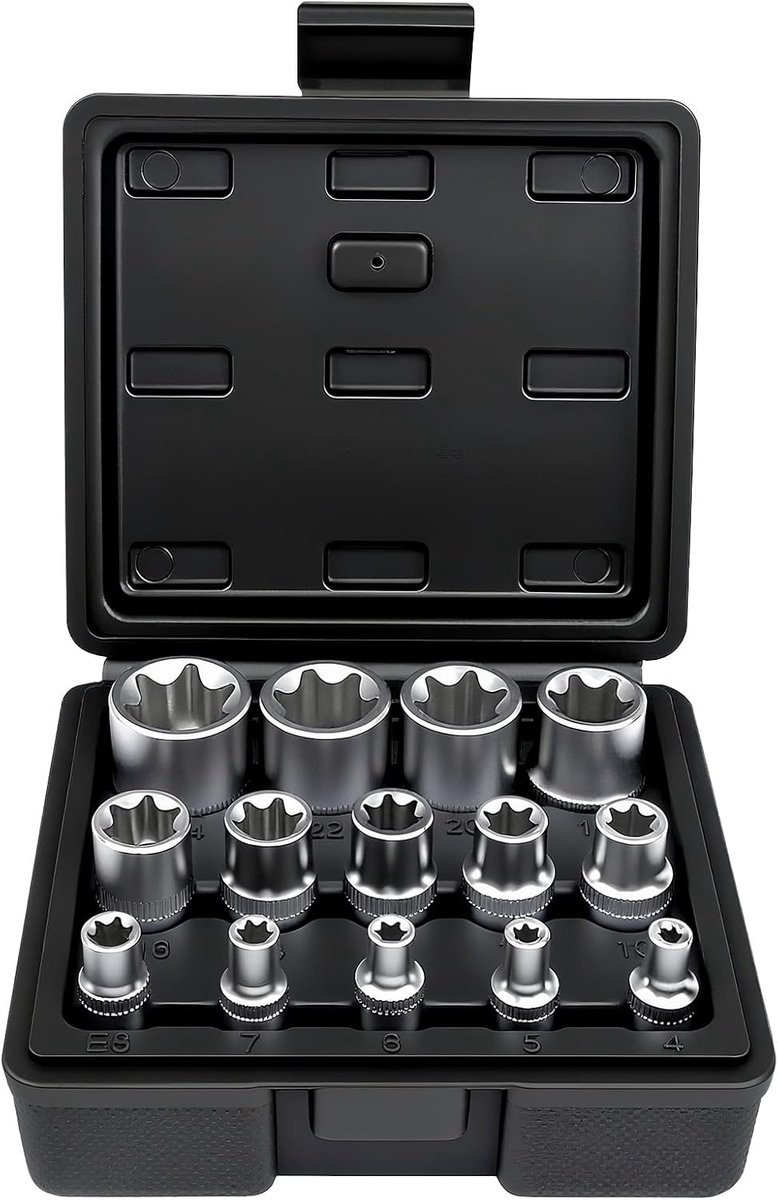 Dopsleutelset 14-delig - E-Torx - Chroom-vanadium-staal - Aandrijvingsgrootte 1/4" 3/8" 1/2" - Harde kunststof koffer - Onmisbaar voor onderhoud