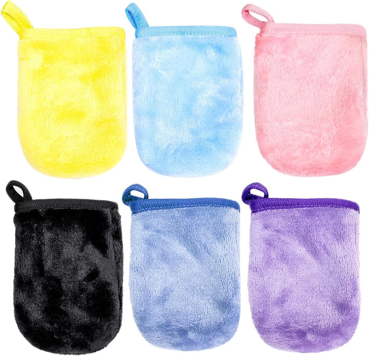 SnelShoppen - Pack van 6 Flanellen Make-up Handschoenen, Herbruikbare Handdoeken, Douchehandschoenen met Lussen, Zachte Wasdoeken (9 x 13 cm) in 6 Kle