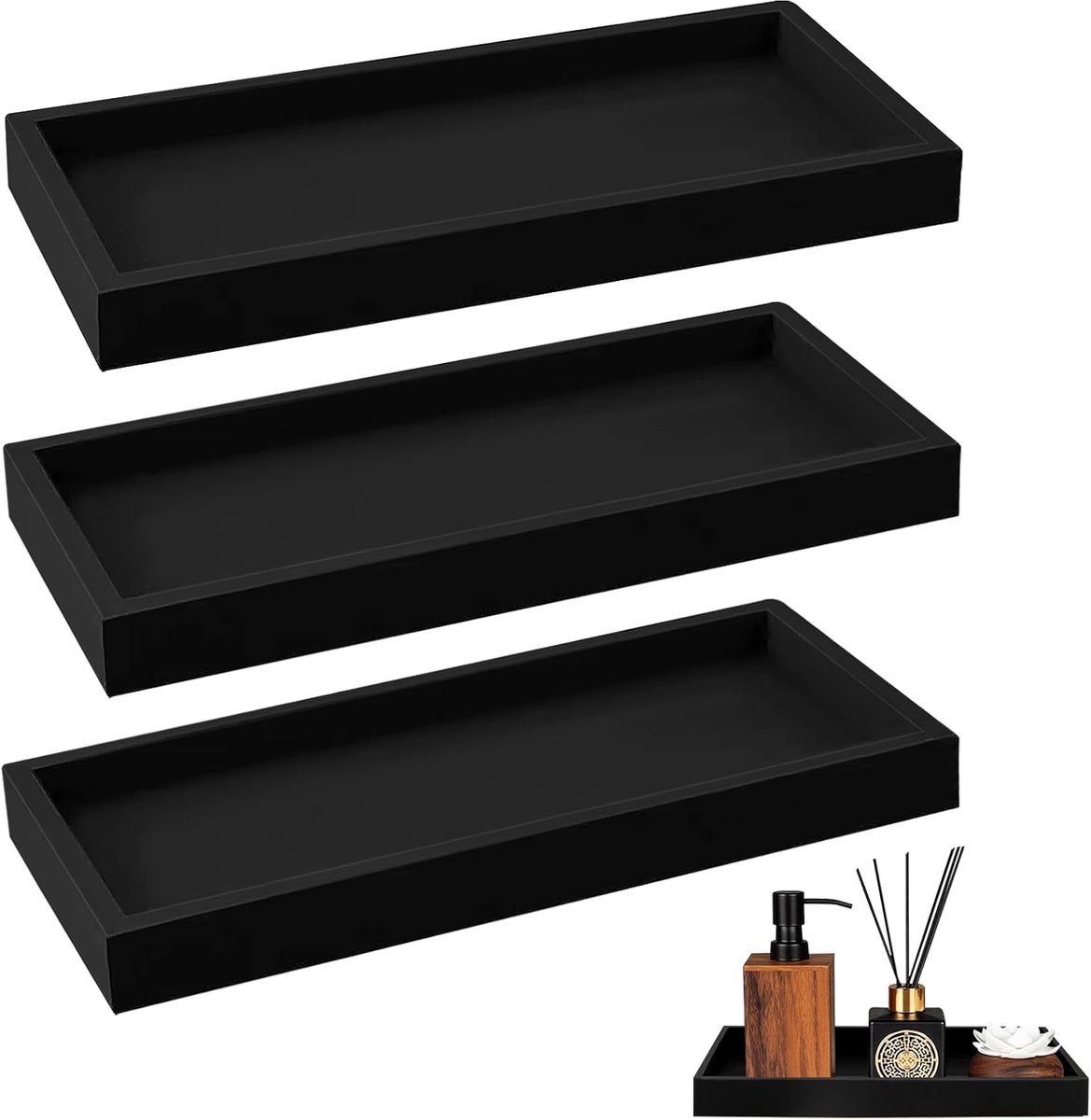 SnelShoppen - 3 Stuks Badkamer Tray, 20 x 10 x 2 cm Zwarte Silicone Decoratieve Tray, Kleine Opslagtray voor Zeep, Keuken, Badkamer, Werkblad