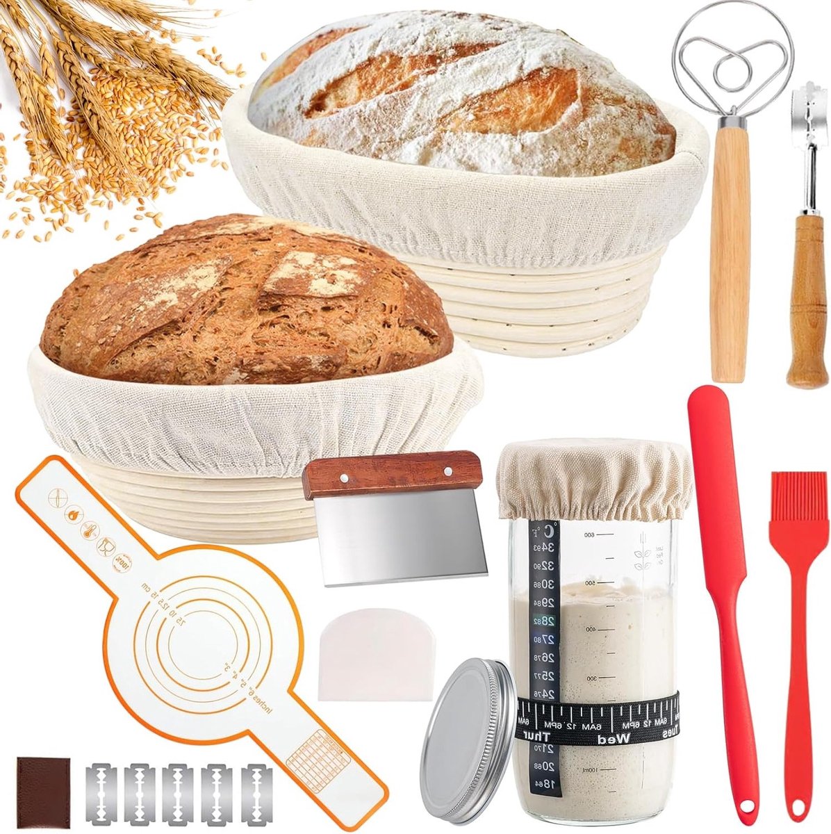 Complete Zuurdesem Starterset met Rijsmanden en Broodbakaccessoires voor Beginners en Ervaren Bakkers, Ideaal voor Perfecte Broden en Gezond Bakplezier
