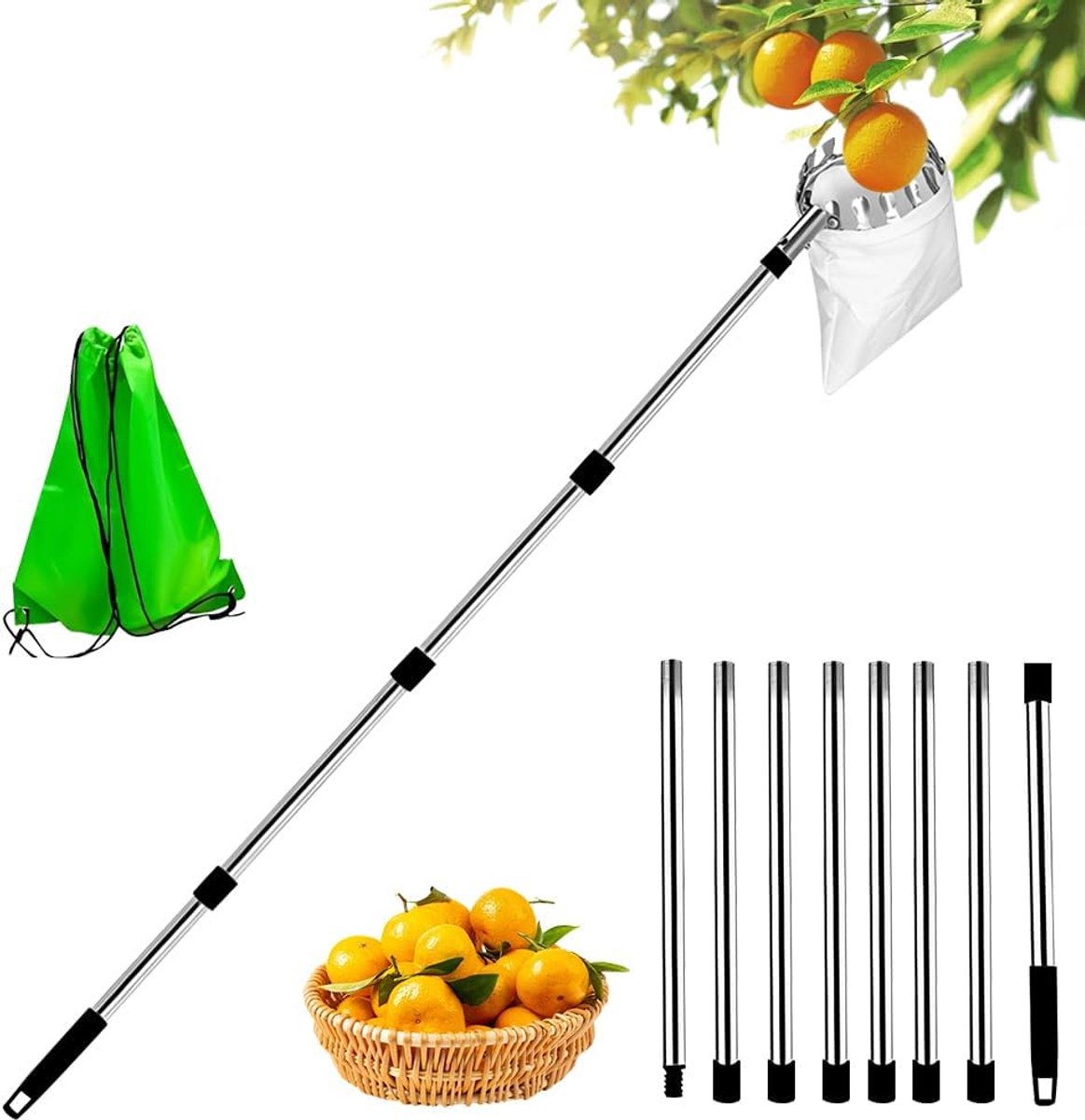 SnelShoppen - Fruit Picker 4.2m Telescopische Handgreep, Aluminium Appelplukker, Plum Picker met 16cm Diameter, Fruitverzamelaar voor Tuin en Plukseiz