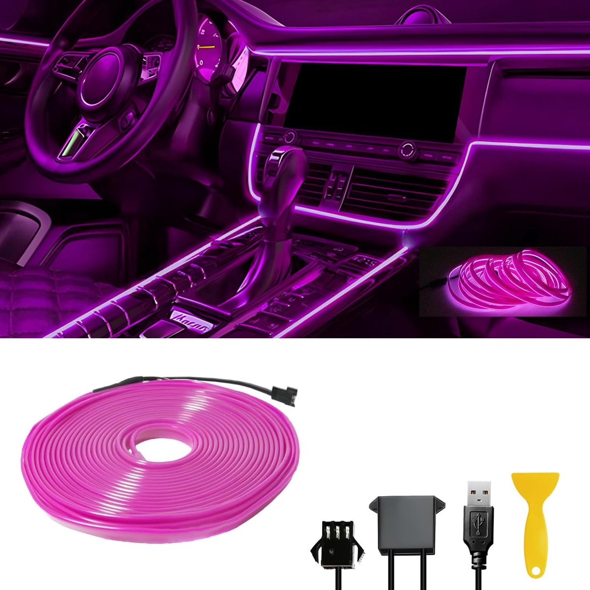 SnelShoppen - Car Interior Neon Wire LED Strip Purple 5V USB 5M/16.5ft - Flexibele LED Verlichting voor Auto, Feest, Camping, Sfeer, Interieur