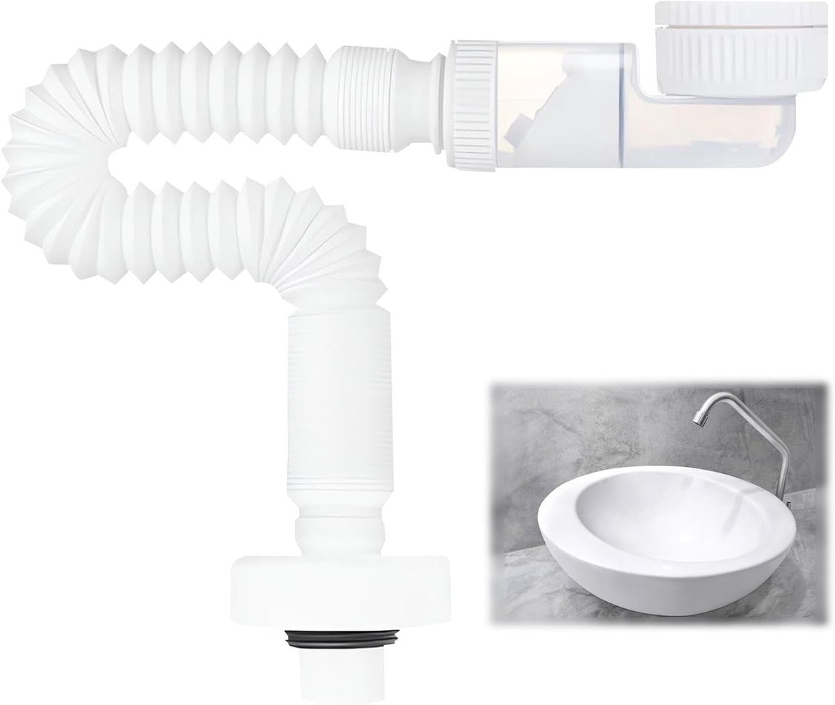 Ruimtebesparende 1 1/4 inch sifon met flexibele afvoerslang en 360° verstelbare functie, geurvrij en vervangbare afvoerbuis voor wastafels