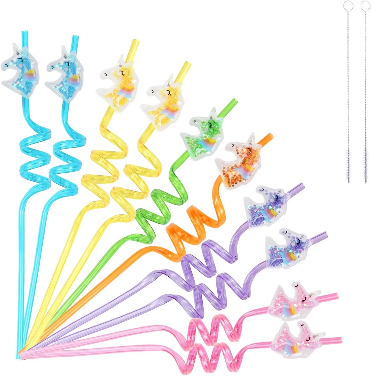 SnelShoppen - Herbruikbare Kinder Rietjes Set - 10 Kleurige Spiralen met Eenhoorn Motief + 2 Reinigingsborstels - Perfect voor Kinderfeestjes, Gezinsb