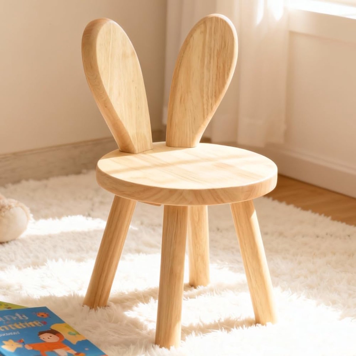 SnelShoppen - Houten Kinderstoel met Konijnenoren Rugleuning, Stevige Hoogstoel voor Kinderen, Rond Kindermeubilair voor Eten, Lezen en Spelen