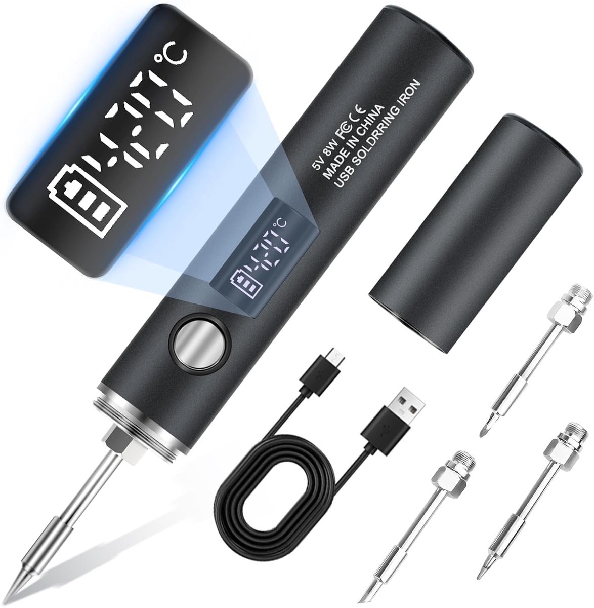 SnelShoppen - Draagbare Soldering Iron met LCD Display, USB Oplaadbaar, 5 Temperatuurinstellingen van 260°C tot 450°C, Professionele en Veilige Set, C