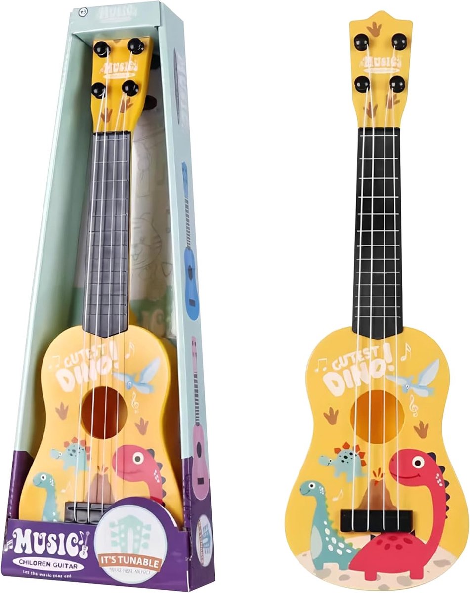 SnelShoppen - 42cm Kids Guitar Ukulele met 4 Verstelbare Snaren - Speelgoed voor Kinderen - Veilig en Duurzaam - Dinosaur Design voor Beginners Jongen