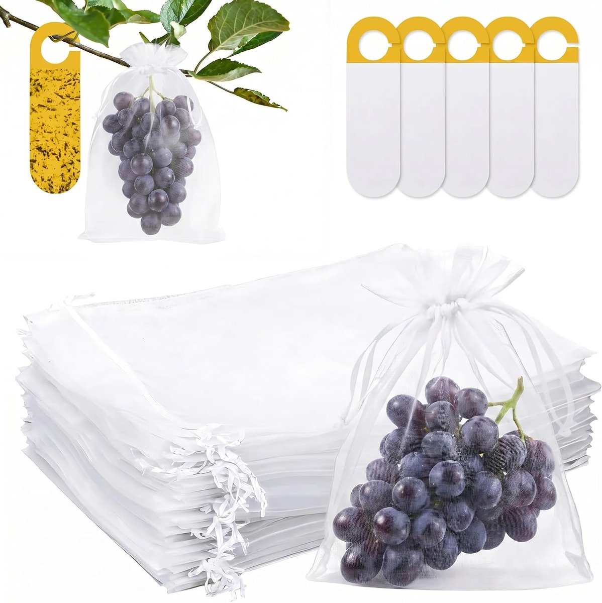SnelShoppen - 60 Stuks Witte Fruitbeschermzakken 20x30 cm met Trekkoord - Druivenbeschermingszakken, Organza Nettas Met 5 Gele Lijmvallen Voor Afweer