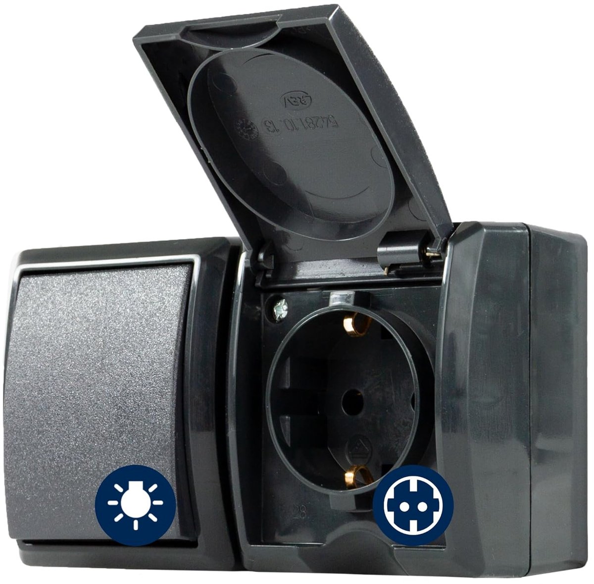 SnelShoppen - REV AquaForm Combi A/W Schakelaar Socket IP44 - Waterdichte Muurmontage, 2-polig, Antraciet voor Garage, Kelder, Werkplaats