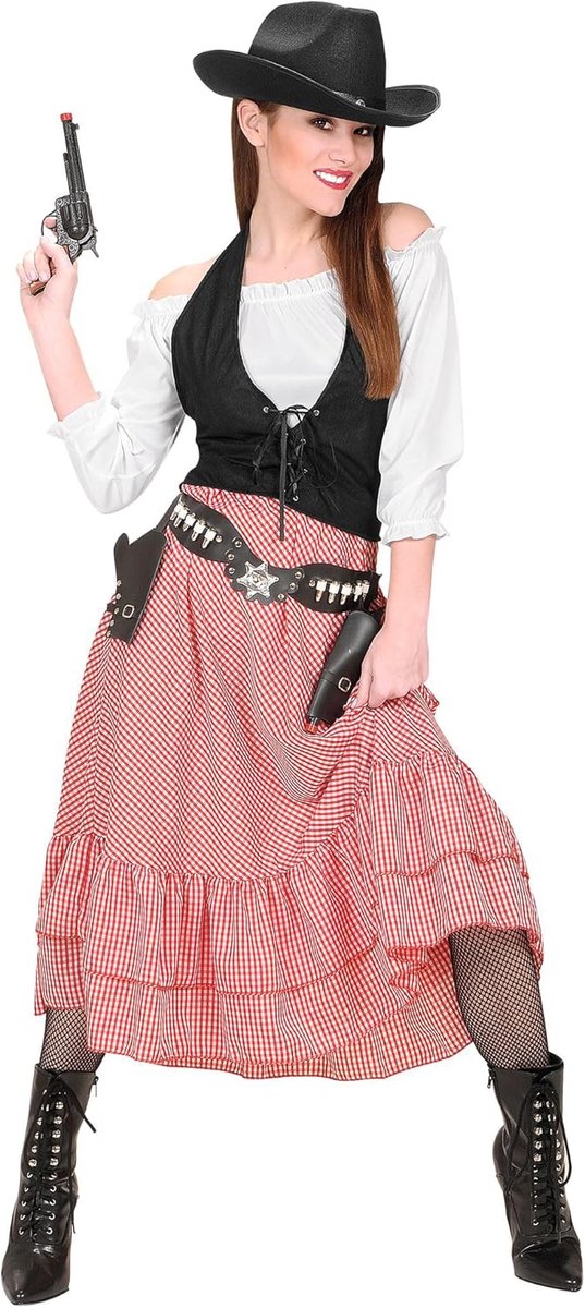 SnelShoppen - Western Belle Kostuum M - Blouse, Corset & Rok Set voor Feest, Themafeest, Carnaval, Cowboy, Western Look, Inclusief Accessoires