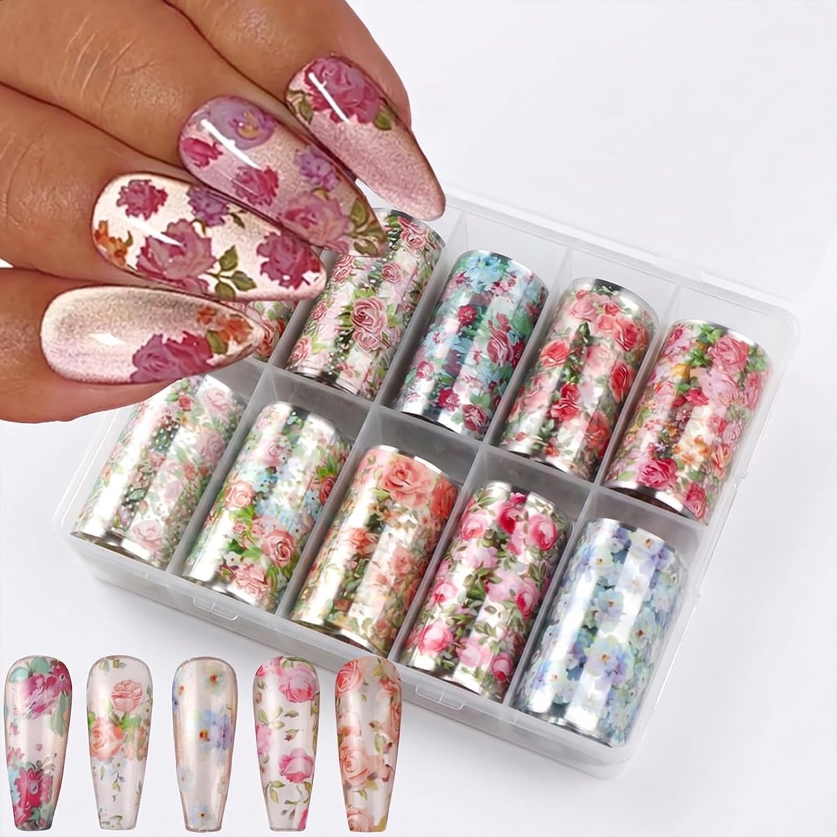 SnelShoppen - Nagelsticker Bloemenmotief - Lente Nagelfolies voor Nagelkunst - Transferstickers met Rozen en Bloemenaccenten - 10 Rollen Kleurrijke Na