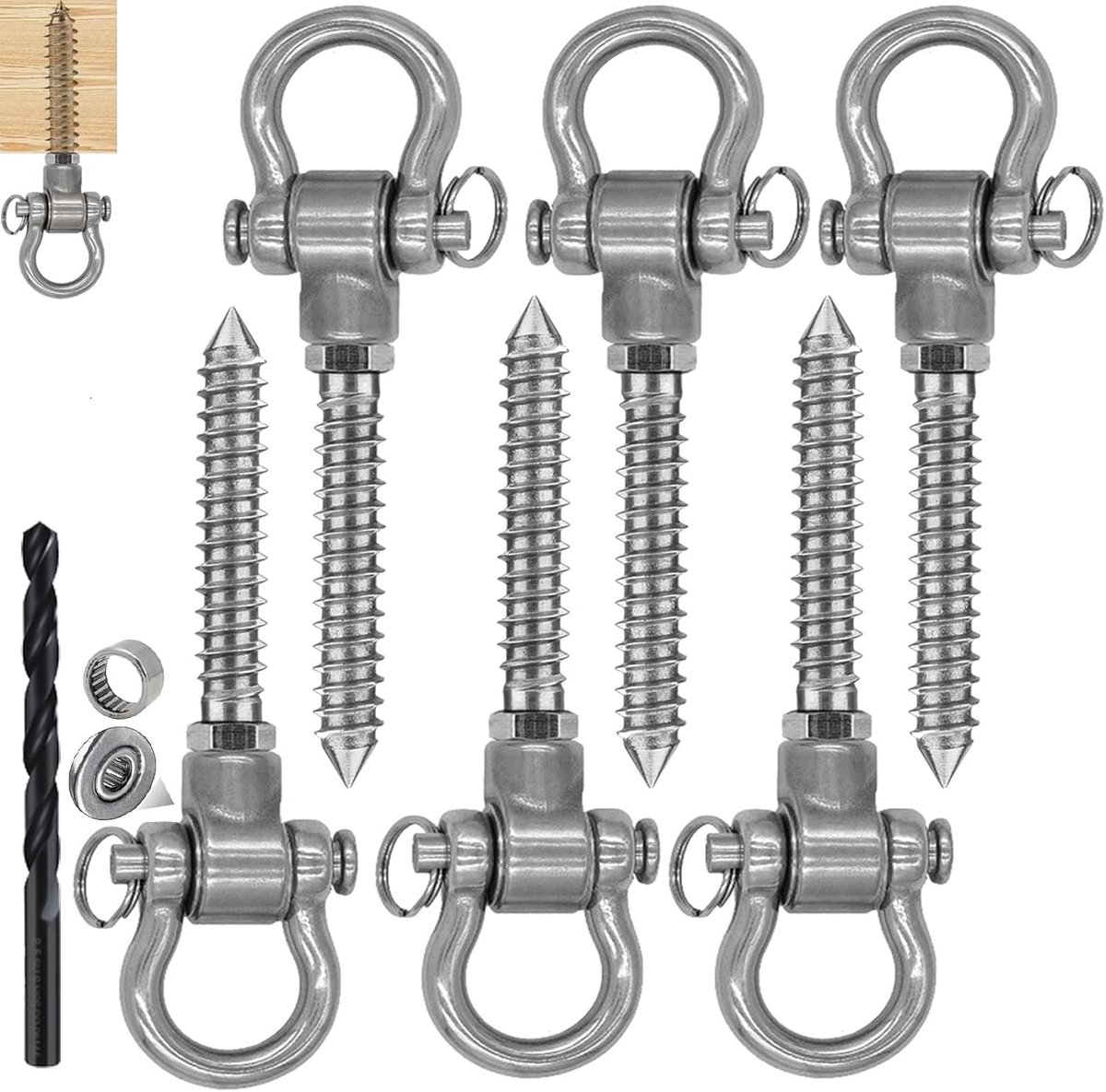 SnelShoppen - Rocking Screw Hooks 180° 140 mm RVS Schommel Ophangsystemen, Hangoog voor Houten Balken, Ceilings, Yoga, Hammock, 6 stuks, 670 kg Capaci