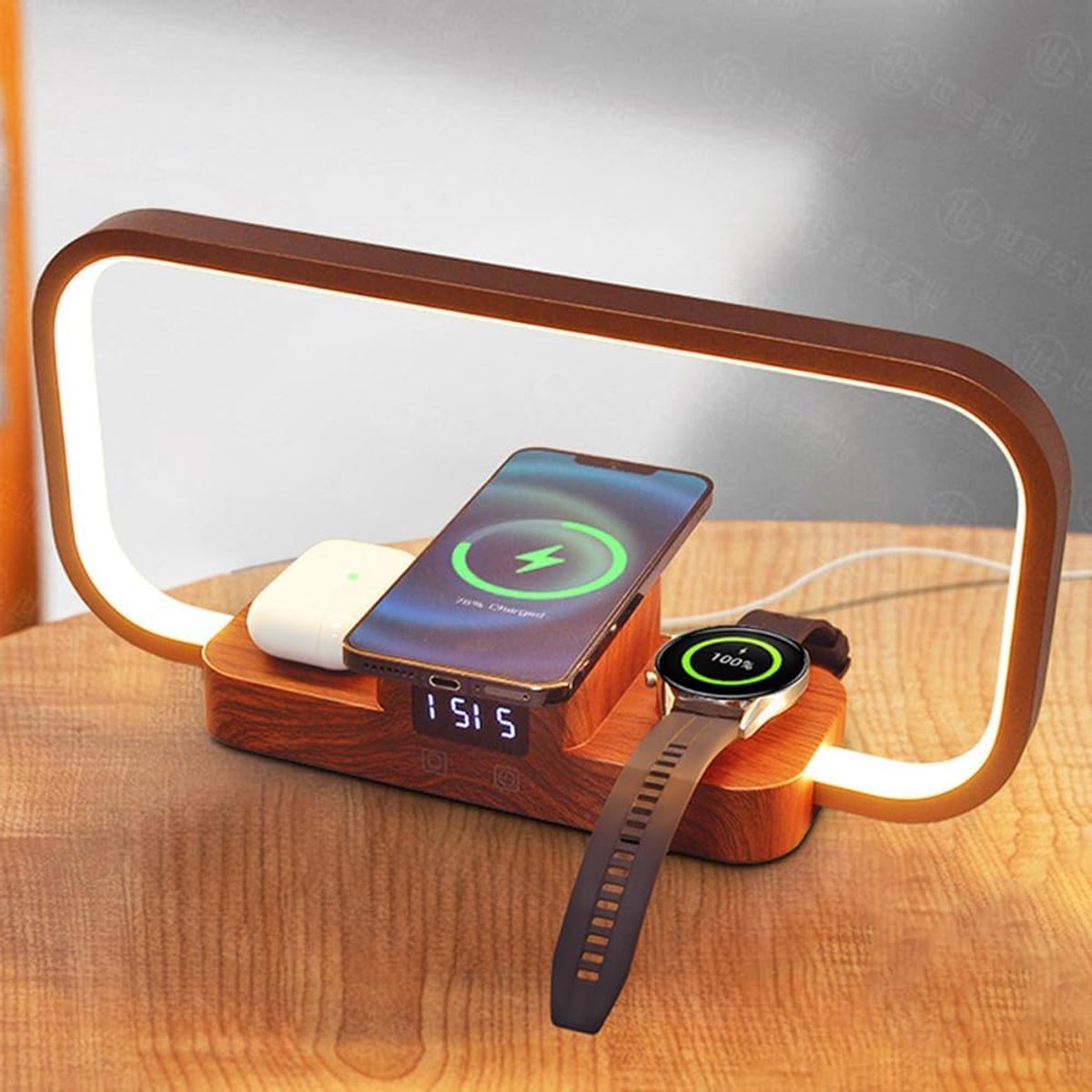 SnelShoppen - 3 in 1 Draadloze Oplader met Nachtlamp, Oplaadstation voor Telefoon, Hoofdtelefoon en Horloge, USB Aansluiting, Ideaal voor Slaapkamer,