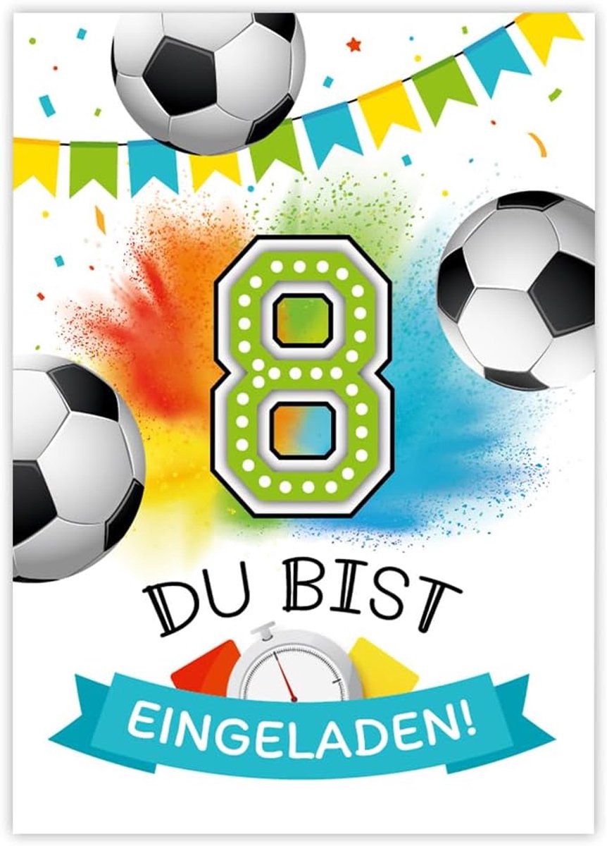 SnelShoppen - 12 Voetbal Uitnodigingen voor 8e Verjaardag Jongens - Kleurrijke Kinderfeestjes Kaarten - DIN A6, 300 g/m², Voorverpakte Uitnodigingen
