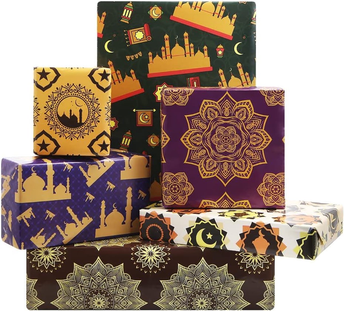 SnelShoppen - Vintage Geschenkpapier Eid Mubarak 6 Vellen Retro Blauw Sterren Maan Bloemen 28x20 Inch - Perfect voor Verjaardag, Feest en Ramadan Deco