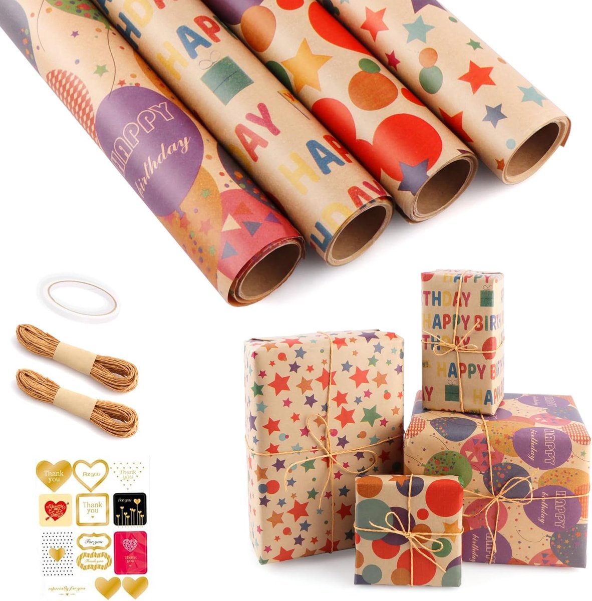 SnelShoppen - Set van 4 rollen cadeaupapier 43 cm x 300 cm - Vintage kraftpapier met stickers en jute koord - Ideaal voor Kerst en verjaardagen