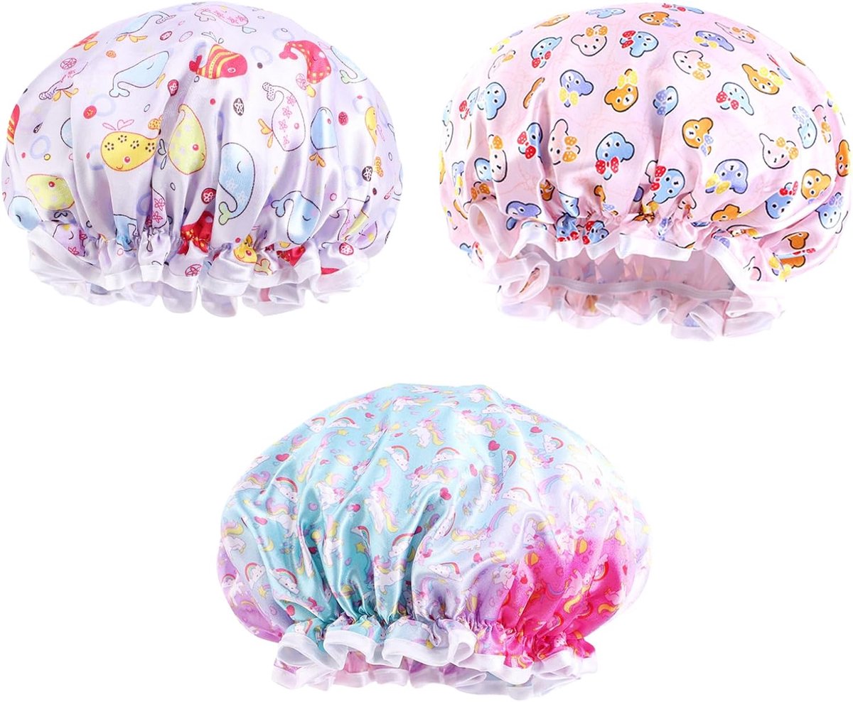 SnelShoppen - Pack van 3 Schattige Douchecaps voor Kinderen - Waterdichte Douchehoedjes, Verstelbaar en Herbruikbaar, Unicorn, Dolfijn, Beer - Perfect