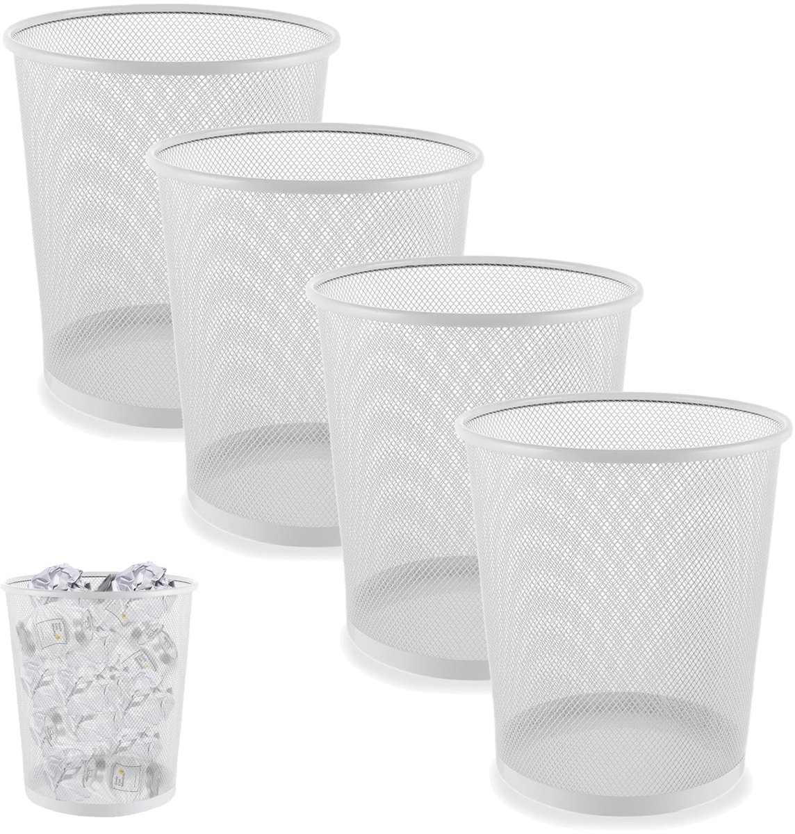 SnelShoppen - 4 Stuks Metaal Prullenbak Set 12L | Wit Kantoor Prullenbakken 26.5 cm Hoog, 23.5 cm Opening | Ideaal voor Kantoor, Slaapkamer en Badkame