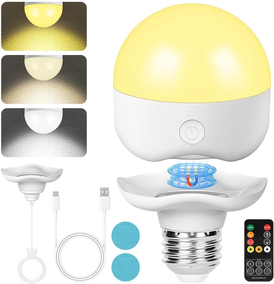 SnelShoppen - Oplaadbare LED Lamp met Magnetische Basis E27, Dimbaar in 3 Kleuren, Inclusief Afstandsbediening en Haak, Ideaal voor Noodverlichting en