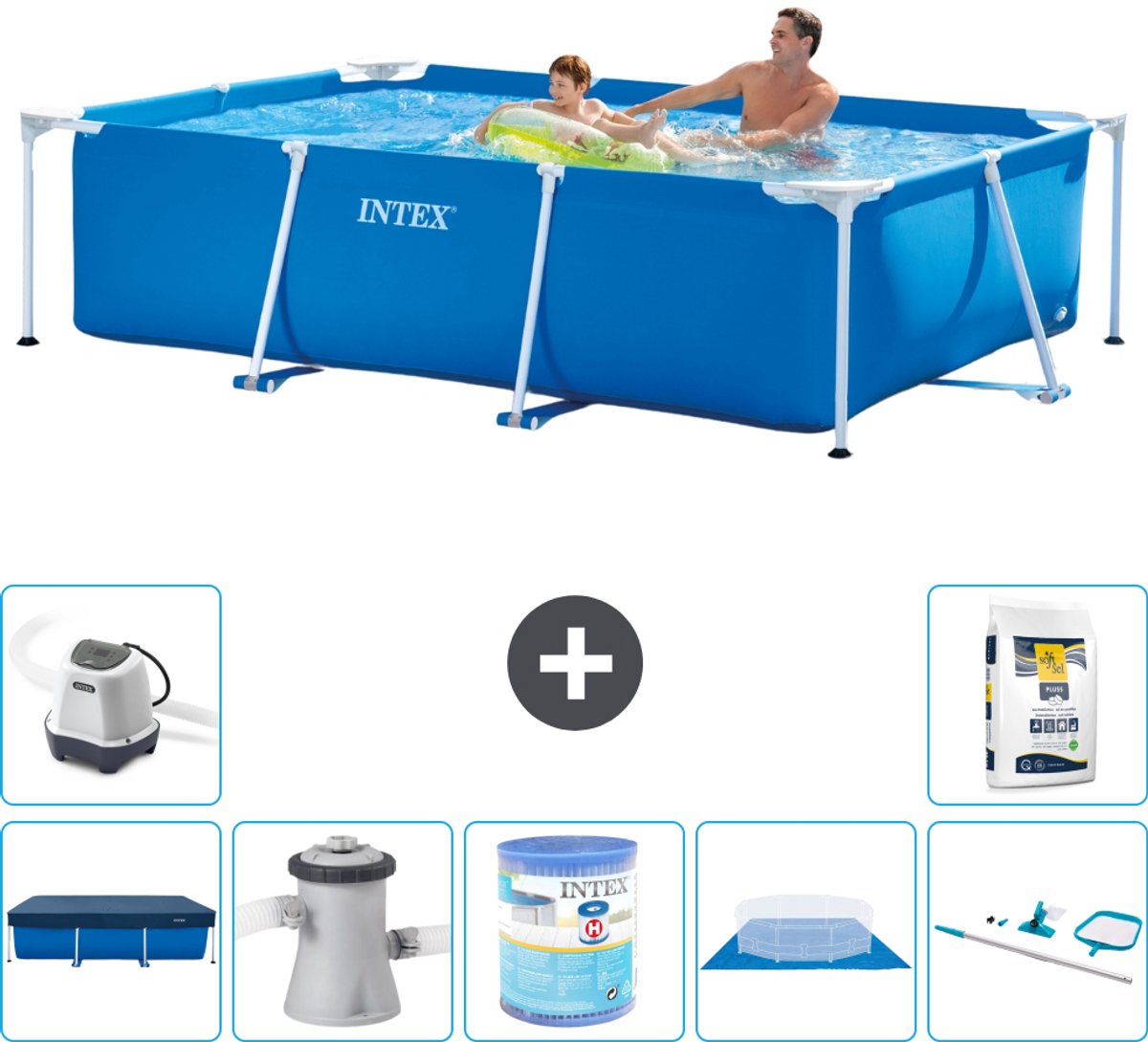 Intex Rechthoekig Frame Zwembad - 260 x 160 x 65 cm - Blauw - Inclusief Afdekzeil - Zwembadfilterpomp - Filter - Grondzeil - Schoonmaakset - Zoutwatersysteem - Zwembadzout - 8-delig