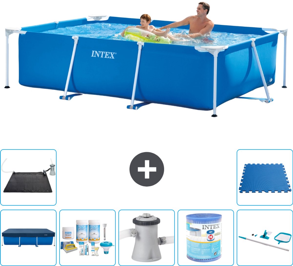 Intex Rechthoekig Frame Zwembad - 260 x 160 x 65 cm - Blauw - Inclusief Afdekzeil - Onderhoudspakket - Zwembadfilterpomp - Filter - Schoonmaakset - Solar Mat - Vloertegels - 8-delig