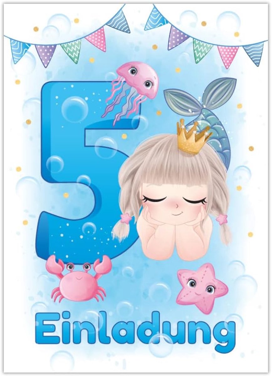 SnelShoppen - 12 uitnodigingskaarten voor 5e verjaardag - Meisjes - Zeemeermin thema - 10.5x14.8 cm - Perfect voor kinderfeestjes - Hoogwaardige kwali