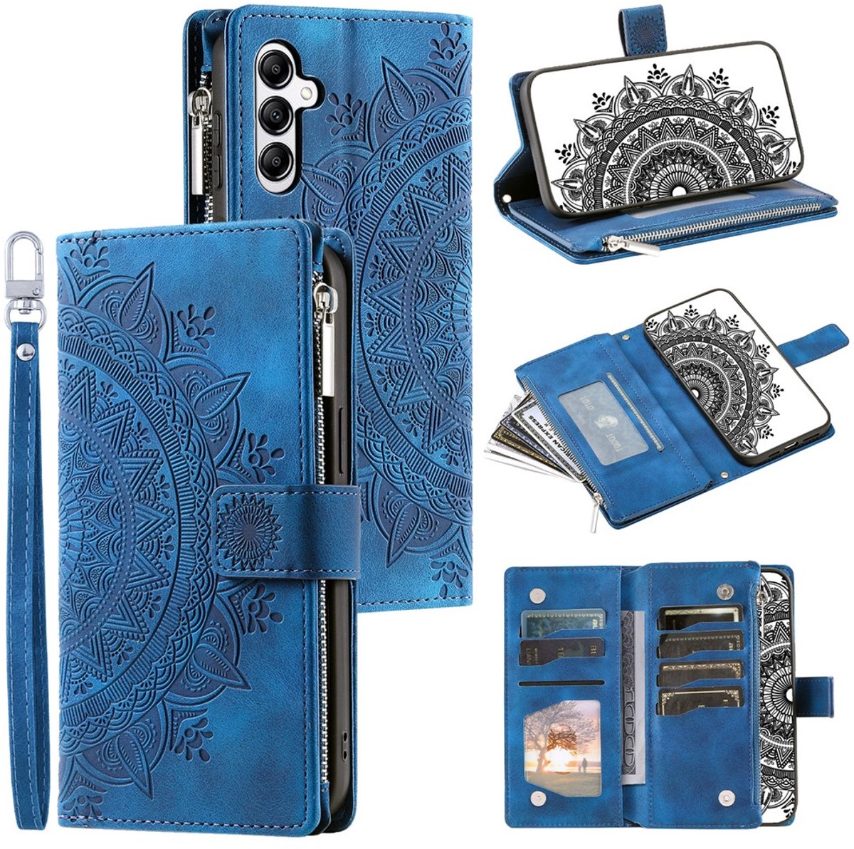 Telefoonhoesje geschikt voor Samsung Galaxy A27 5G - Portemonnee met rits - book-case hoesje - ruimte voor 8 pasjes - mandala blauw