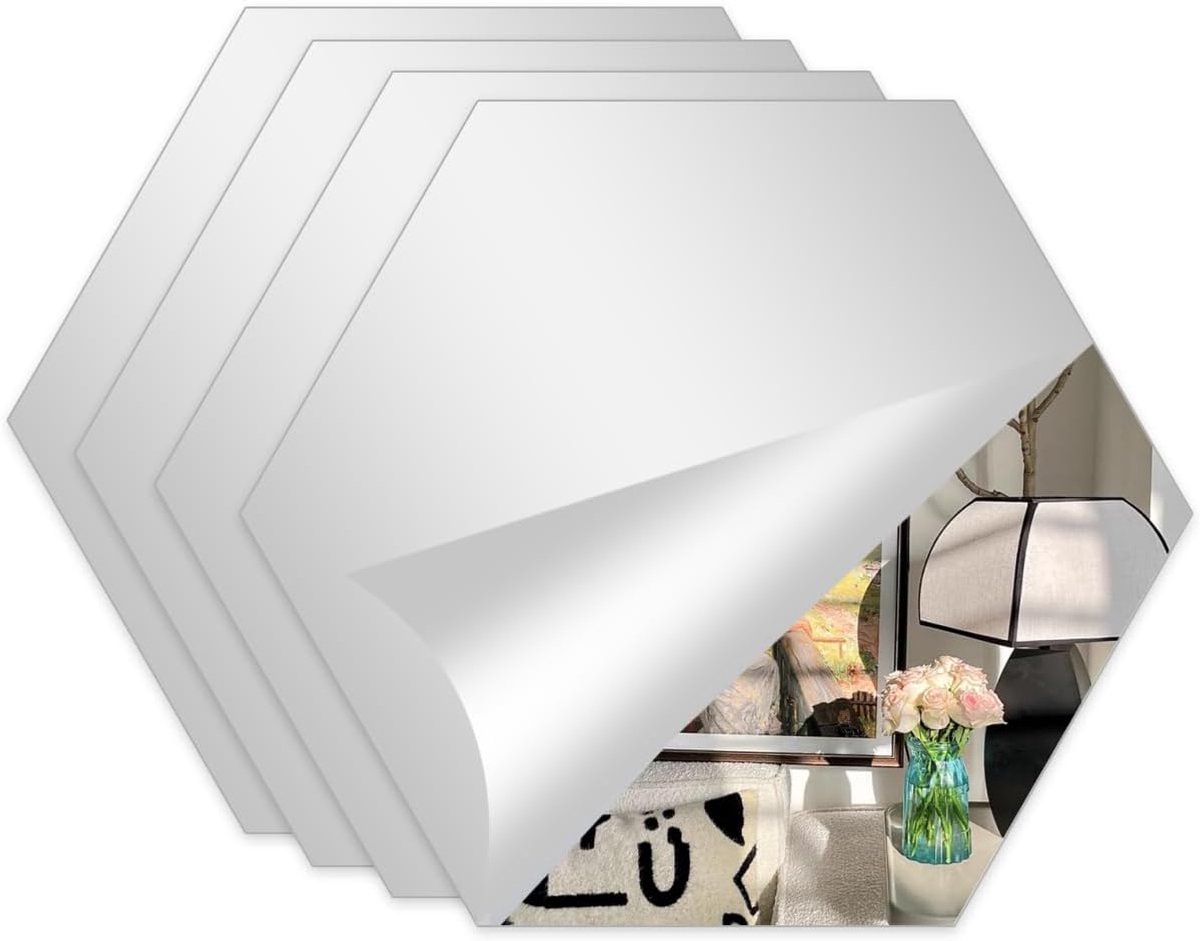 SnelShoppen - Zelfklevende Hexagon Spiegeltegels voor Badkamer, 2mm Dikke Acryl Spiegels, Wandschilderingen voor Keuken en Deuren, 4 Stuks (20x20cm)